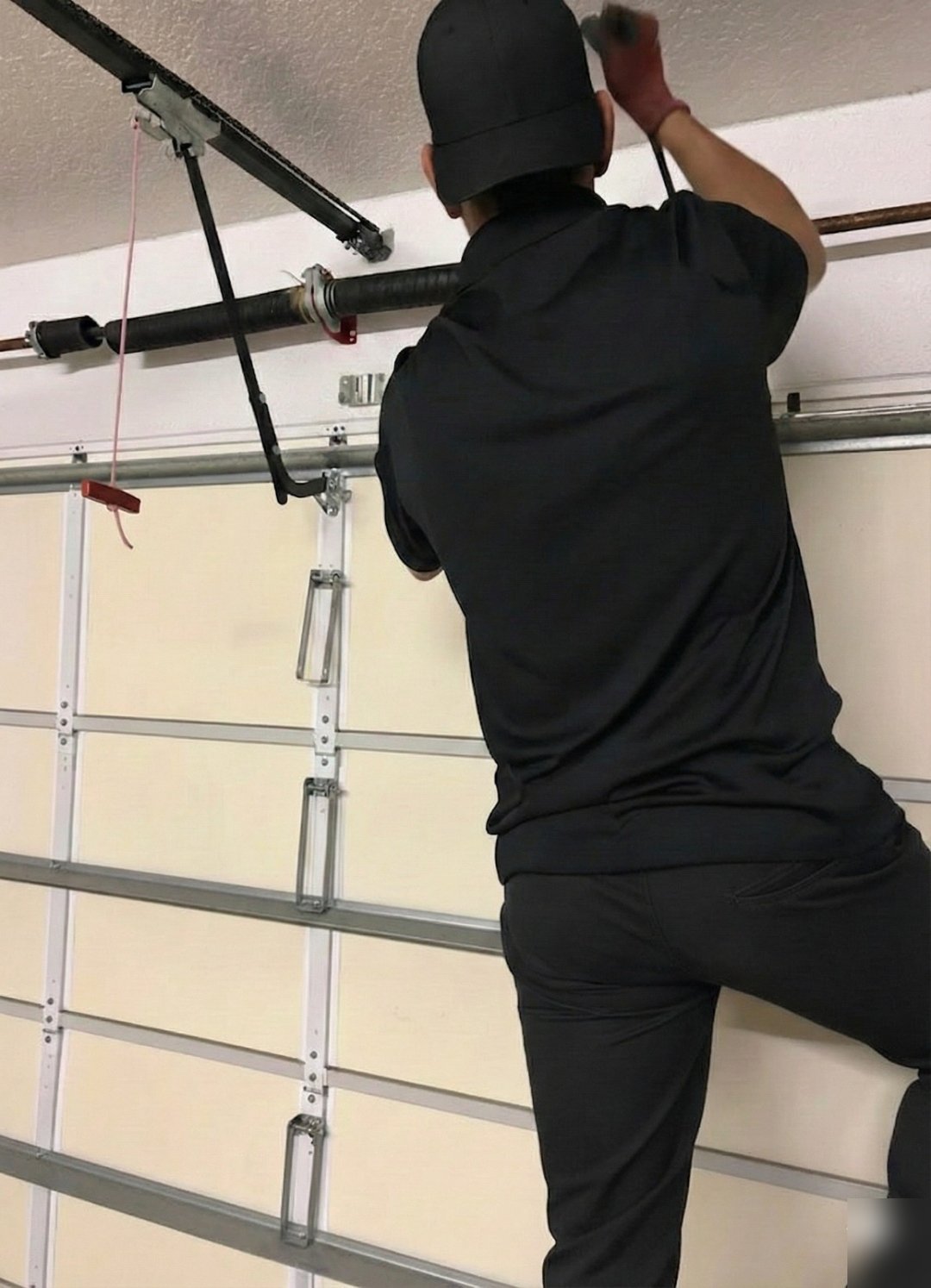 Technician reaching up to the spring and shaft above a garage door