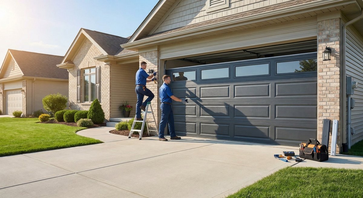 Two technicians at a dark gray double garage door in daylight, one on a step ladder