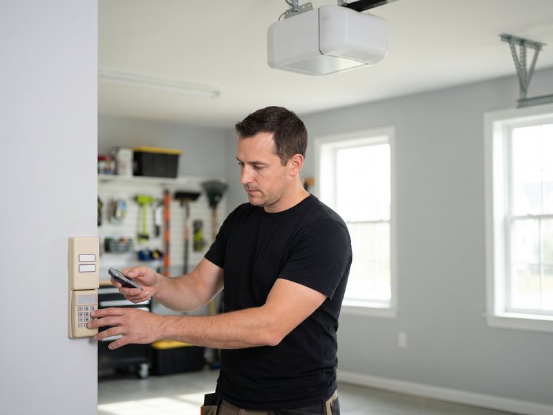 Technician pressing the wall control button beside a garage door