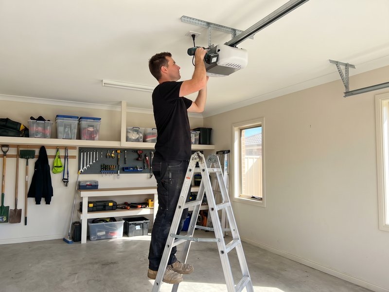 Technician on a stepladder fitting an opener to the ceiling