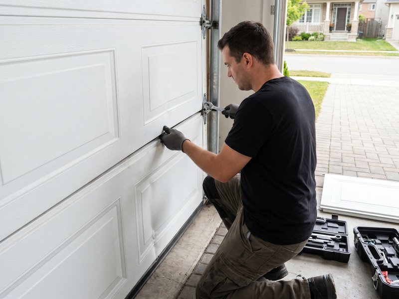 Technician bolting hardware to a white garage door