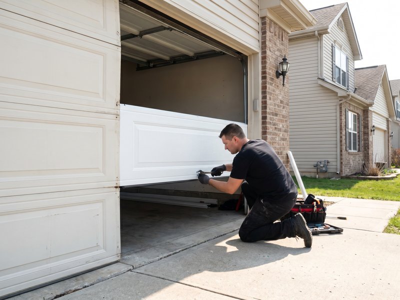 Technician kneeling at a door with one panel pulled out
