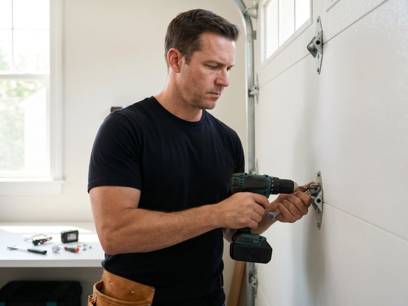 Technician drilling into a white garage door