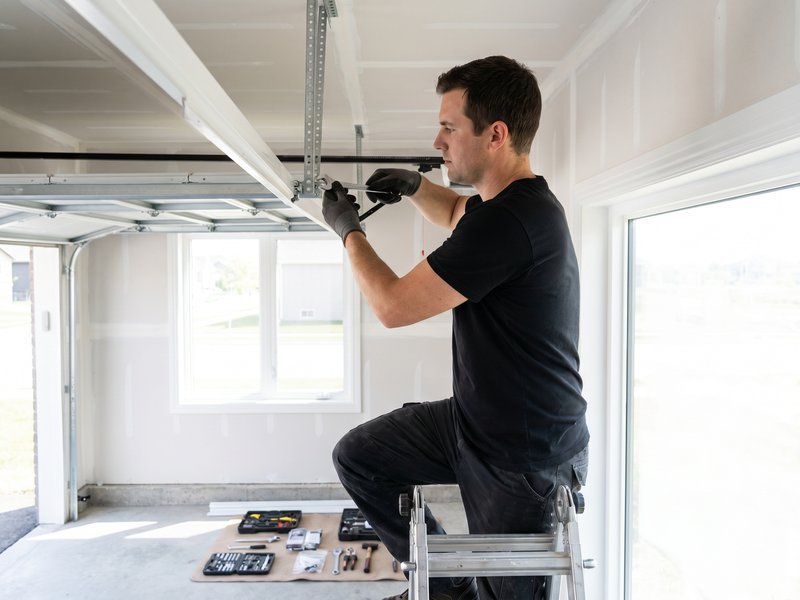 Technician on a step stool working at the top of a door track with a cordless tool
