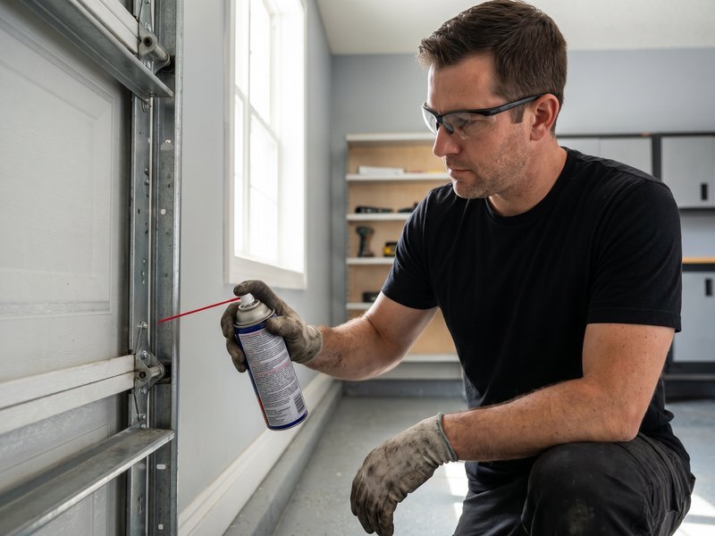 Technician in safety glasses spraying lubricant on a door track