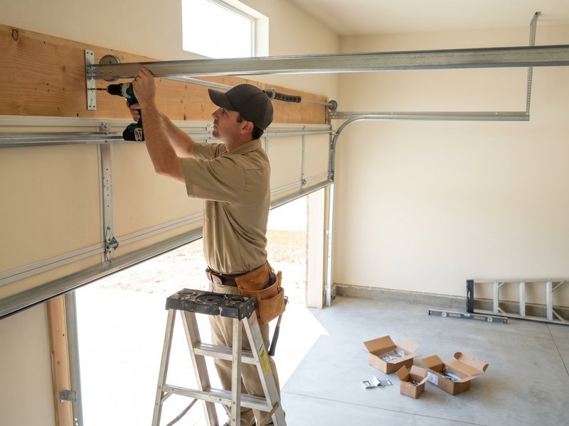 Installer on a stepladder drilling track hardware above an open garage doorway, with parts boxes on the floor