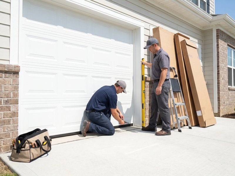 Two installers beside a white garage door, one kneeling at the track and one standing by stacked door sections